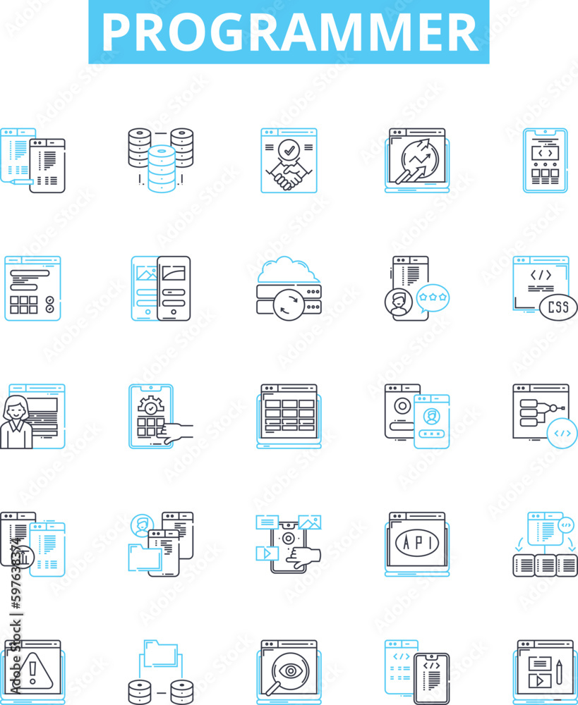 Programmer vector line icons set. Developer, Coder, Engineer, Technician, Analyst, Designer, Hacker illustration outline concept symbols and signs