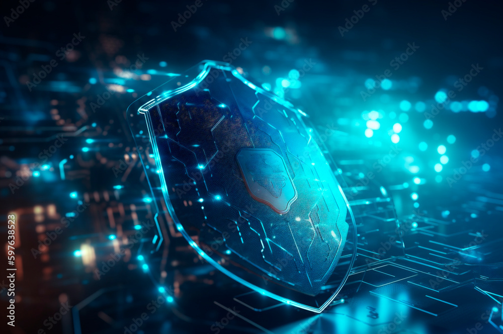 digital cyber security concept, shield on circuit board background with blue lights. abstract technology background. AI generated