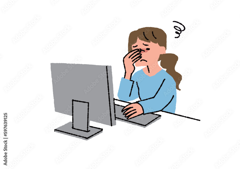 パソコンをしながら目の疲れを感じている女性　眼精疲労や目の病気に関するイラスト
