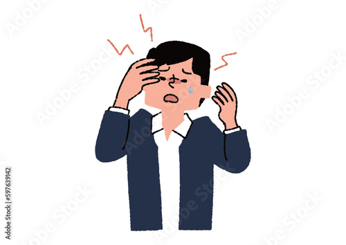 頭痛に悩まされる男性　眼精疲労や目の病気に関するイラスト
