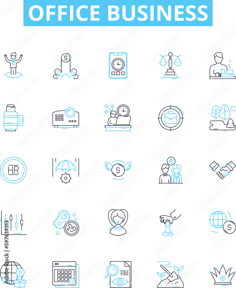 Office business vector line icons set. Office, Business, Workplace, Desk, Stationery, Documents, Printer illustration outline concept symbols and signs Office business vector line icons set. Office, Business, Workplace, Desk, Stationery, Documents, Printer illustration outline concept symbols and signs