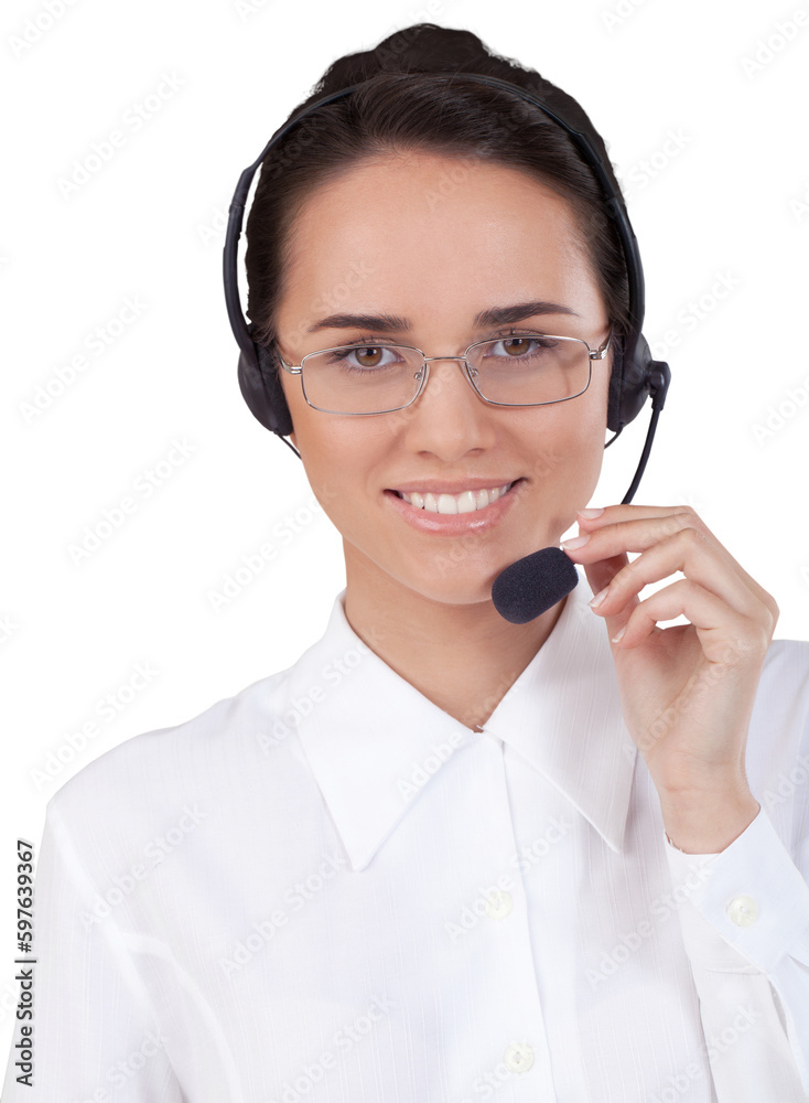 Close-up portrait of young businesswoman with headphones isolated on white background Close-up portrait of young businesswoman with headphones isolated on white background