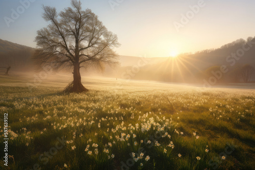 Amazing natural landscape with single tree and white wild growing daffodils in morning dew at sunrise.