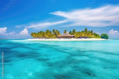 Stunning panorama of the Maldives. Luxury vacation villa sea view with palm trees  white sand and blue sky.