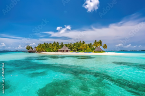 Stunning panorama of the Maldives. Luxury vacation villa sea view with palm trees, white sand and blue sky.