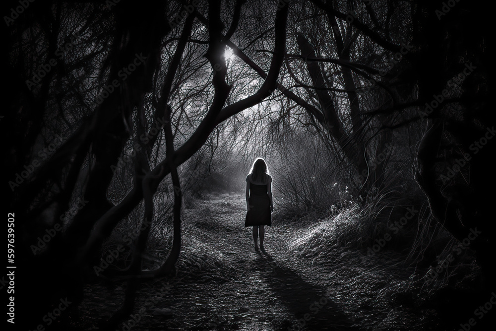 Woman walking through dark foggy forest, sadness, depression, black and white. Generative AI