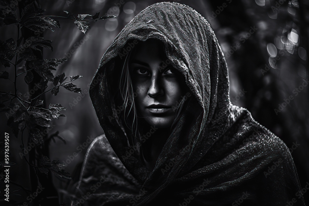 Cloaked woman in forest, black and white, dark. Generative AI Stock ...