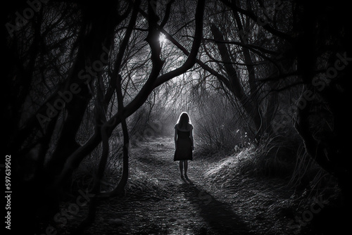 Woman walking through dark foggy forest, sadness, depression, black and white. Generative AI