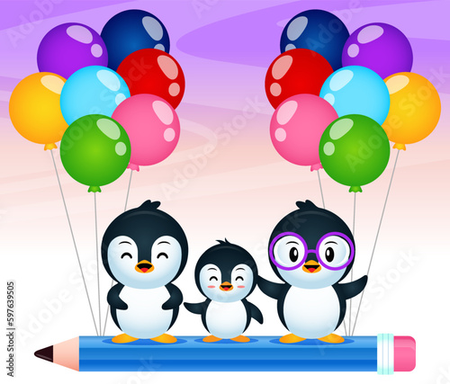 Cartoon Three Cute Penguins Riding On Flying Pencil
