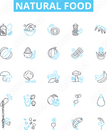 Natural food vector line icons set. Organic, Whole, Unprocessed, Fresh, Plant-based, Local, Vegan illustration outline concept symbols and signs