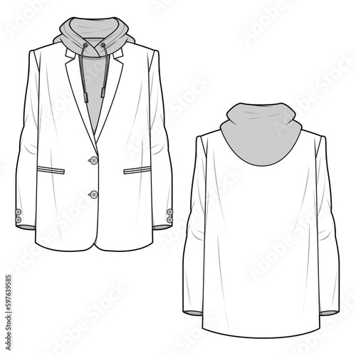  Single breasted blazer with Hood, two button down, front and back illustration