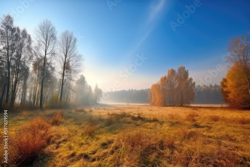 October landscape on a sunny day with colorful trees on a beautiful meadow in the morning.