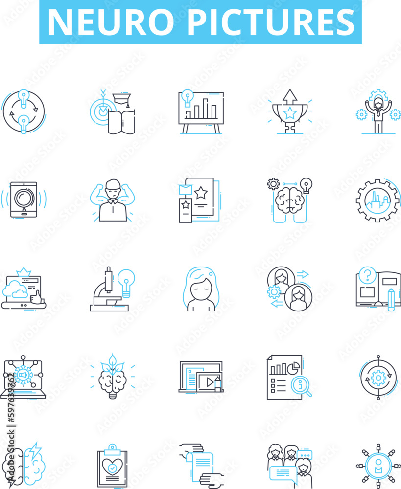 Neuro pictures vector line icons set. Neuroimage, Neurography, Brain, MRI, CT, fMRI, PET illustration outline concept symbols and signs
