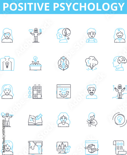 Positive psychology vector line icons set. Hope, Optimism, Happiness, Resilience, Motivation, Gratitude, Self-Esteem illustration outline concept symbols and signs