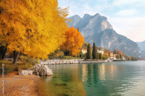 Beautiful and colorful autumn in Riva del Garda Lake Garda surrounded by mountains.