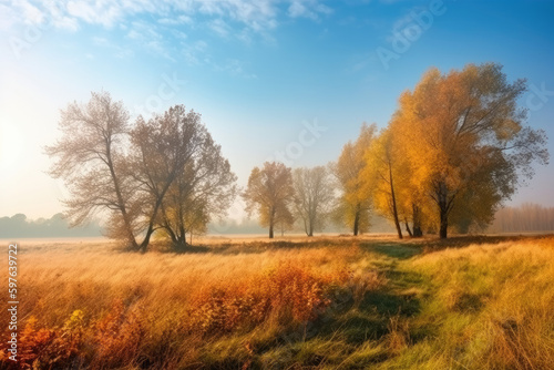 October landscape on a sunny day with colorful trees on a beautiful meadow in the morning.