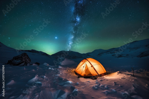 An orange-red tent was set up on the blue ice, and there was a soft and scorching light inside. © imlane
