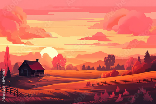 Autumn rural landscape in evening light with sunset pink orange sky and clouds background.