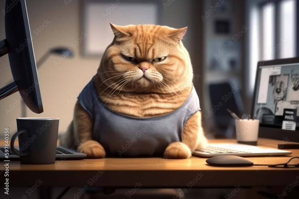 Portrait of a very beautiful plump fat cat in the office at work. AI generated, human enhanced Portrait of a very beautiful plump fat cat in the office at work. AI generated, human enhanced