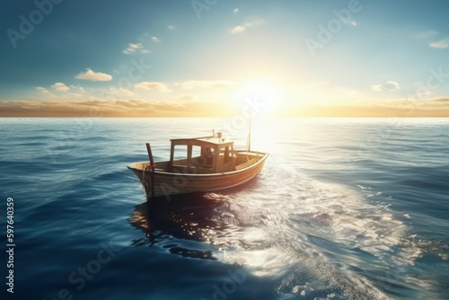 Motor boat at sea. Backdrop or background with copy space. AI generated, human enhanced.