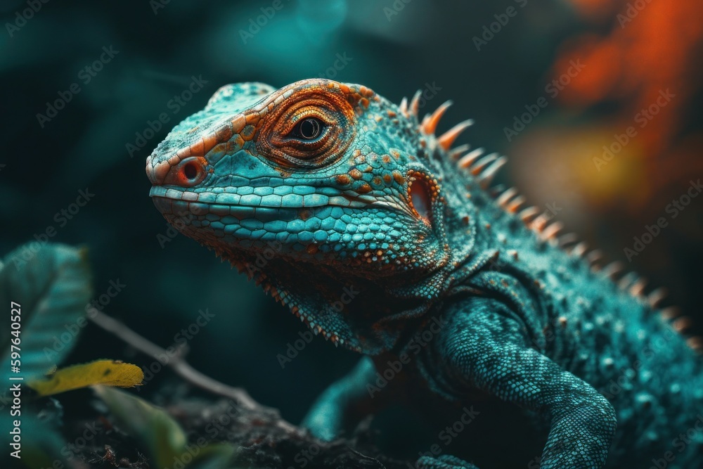 Green colored chameleon close up. AI generated, human enhanced