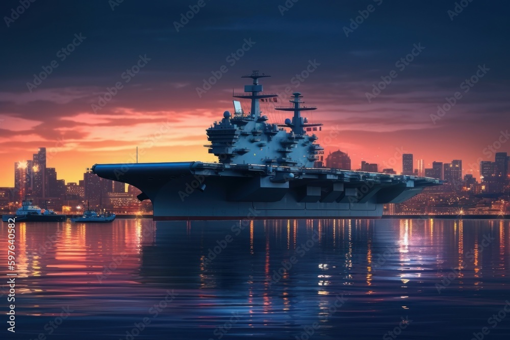Aircraft carrier at night. Military strategic ship. AI generated, human enhanced. Aircraft carrier at night. Military strategic ship. AI generated, human enhanced.