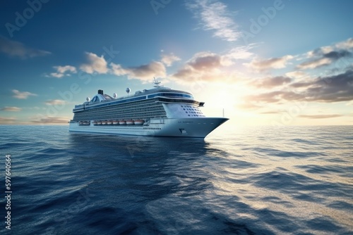 Cruise liner on the high seas. AI generated, human enhanced.