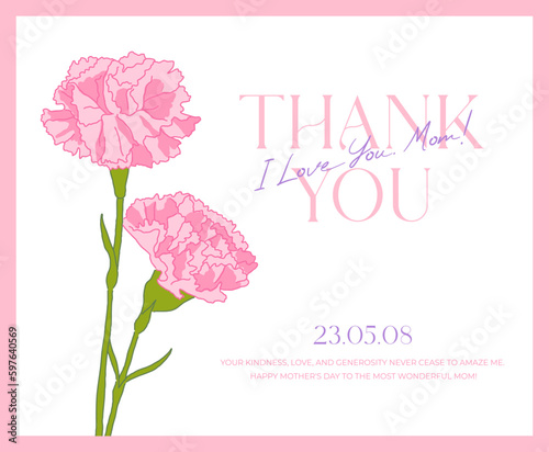 Card template with pink carnation flower illustration design for 'Mother's Day' concept. Simple and stylish thank you card, panel design illustration graphic set in arched frame.