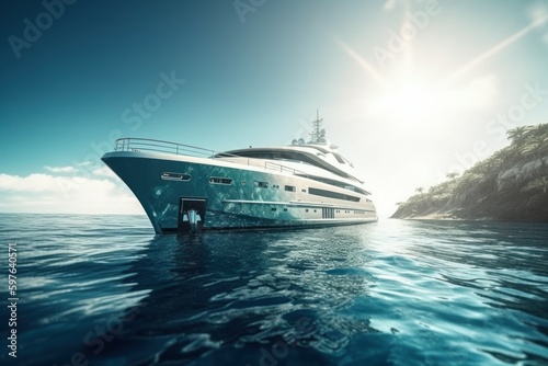 Luxury yacht at sunrise or sunset in a bay near the coast. AI generated, human enhanced.