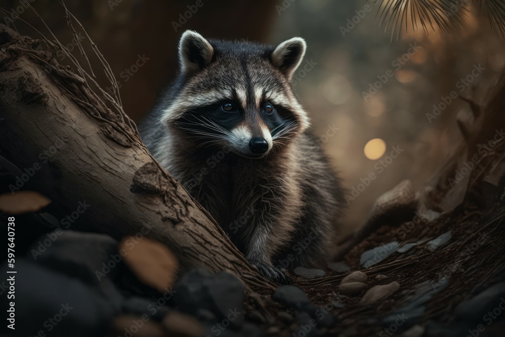 Portrait of a cute beautiful raccoon, selective focus. AI generated, human enhanced