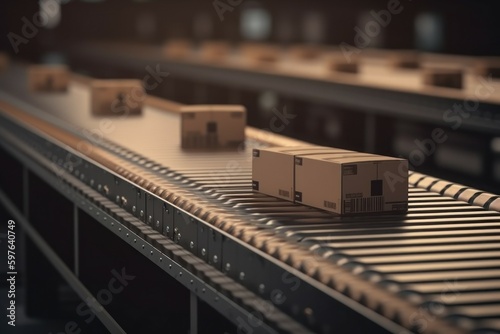 The parcel is on the conveyor belt. Concept of automatic logistics management. AI generated, human enhanced