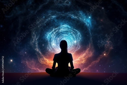 Silhouette of women in Lotus position on the abstract positive energy background . AI generated  human enhanced.