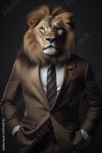 An anthropomorphic proud lion dressed in a business suit like a boss. AI generated, human enhanced