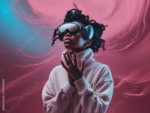 Young woman wearing virtual reality glasses in neon colors. AI generated, human enhanced.