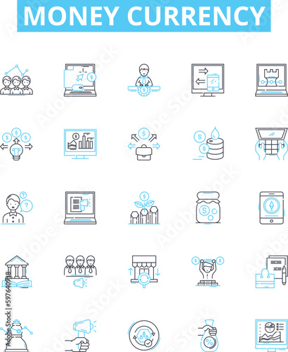 Money currency vector line icons set. Money, Currency, Dollars, Euro, Pound, Yen, Rupee illustration outline concept symbols and signs