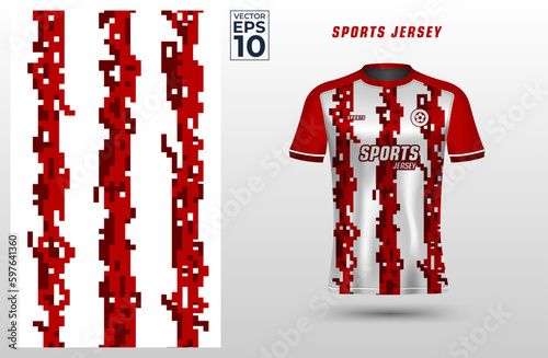 Red white t-shirt sport design template with abstract line mosaic square pattern for soccer jersey. Sport uniform in front view. Tshirt mock up for sport club vector Illustration template