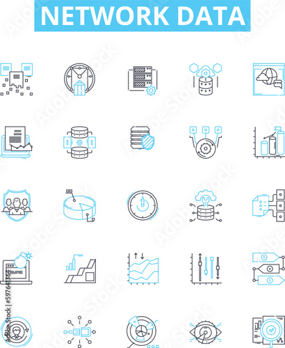 Network data vector line icons set. Networking, Data, Transfer, Protocols, Connectivity, Encryption, Sharing illustration outline concept symbols and signs