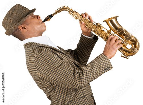 Photography Saxophonist. Man playing on the gold saxophone