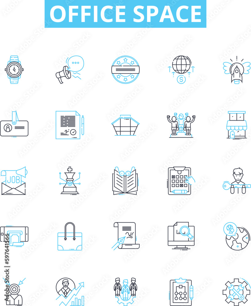 Office space vector line icons set. Workplace, cubicle, desk, meeting, workspace, file, chair illustration outline concept symbols and signs Office space vector line icons set. Workplace, cubicle, desk, meeting, workspace, file, chair illustration outline concept symbols and signs