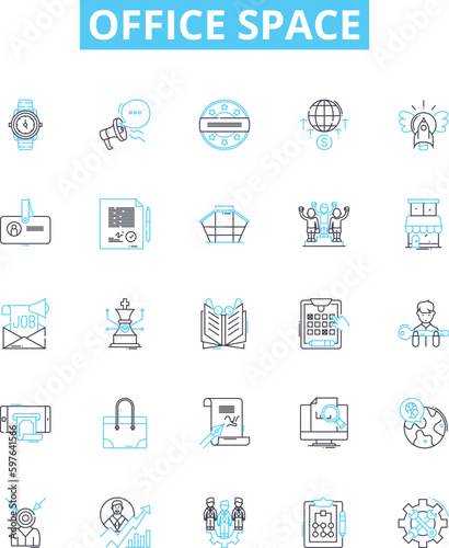 Office space vector line icons set. Workplace, cubicle, desk, meeting, workspace, file, chair illustration outline concept symbols and signs