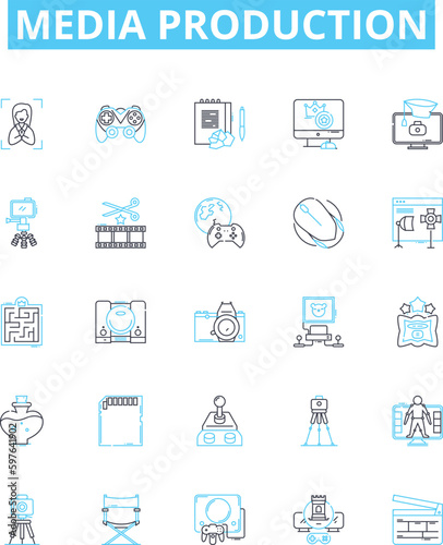 Media production vector line icons set. Filming, Animation, Editing, Post-Production, Photoshoots, Direction, Casting illustration outline concept symbols and signs