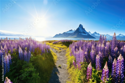 Beautiful sunny day and lupine flowers on Stokksnes cape in Iceland. 