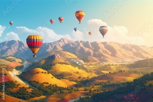 Beautiful panoramic nature landscape of countryside mountains with colorful high hot air balloons festival in summer sky.  © imlane