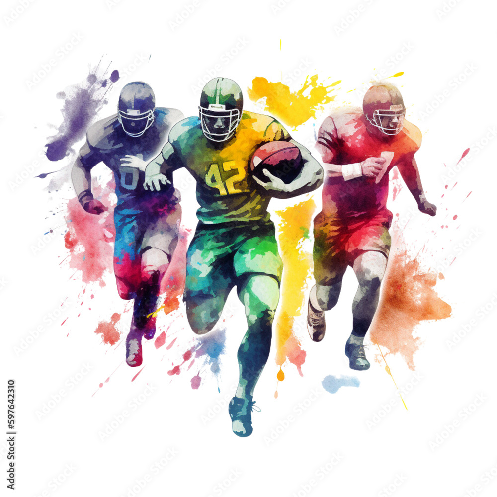 3 American Football Player with Ball, Vibrant Watercolor, Clipart ...