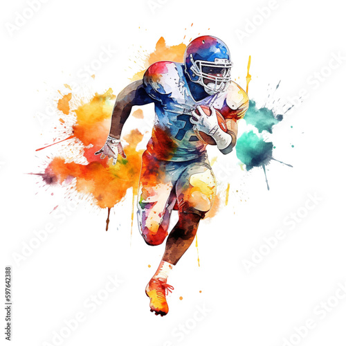American Football Player with Ball, Vibrant Watercolor, Clipart, Transparent, Generative AI photo