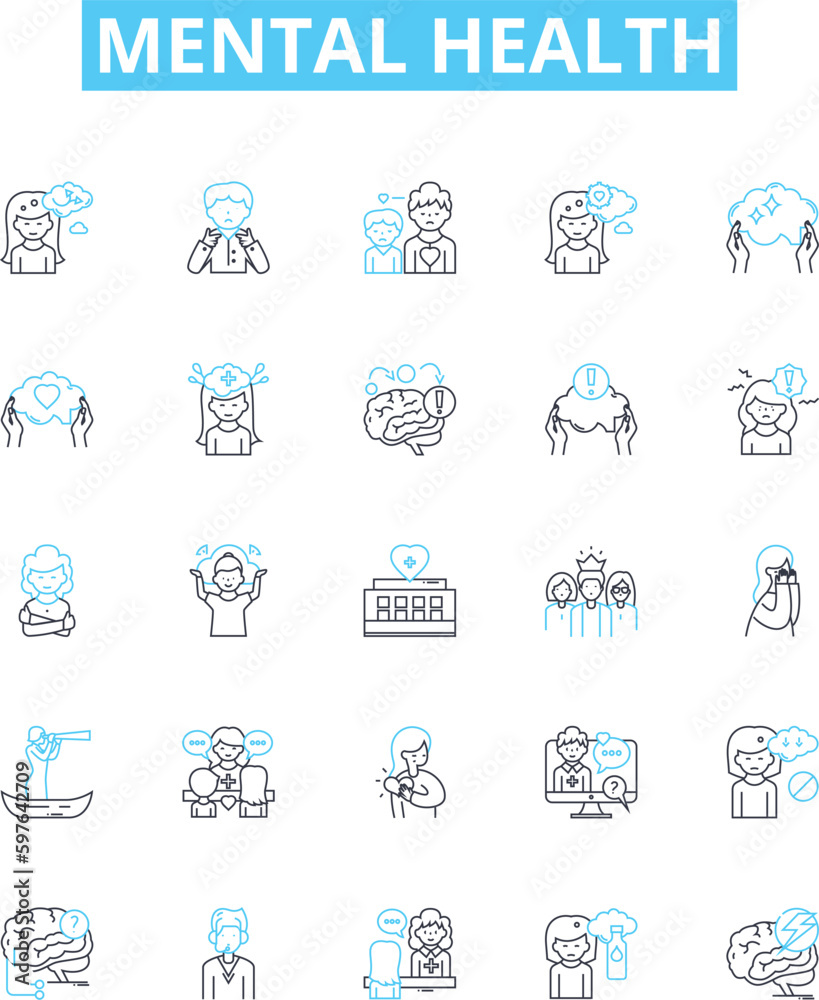 Mental health vector line icons set. Mental, health, psychological, wellbeing, stress, anxiety, depression illustration outline concept symbols and signs