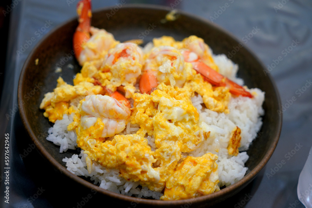 Fried Egg with Shrimp on jasmine rice, Thailand fast food Fried Egg with Shrimp on jasmine rice, Thailand fast food