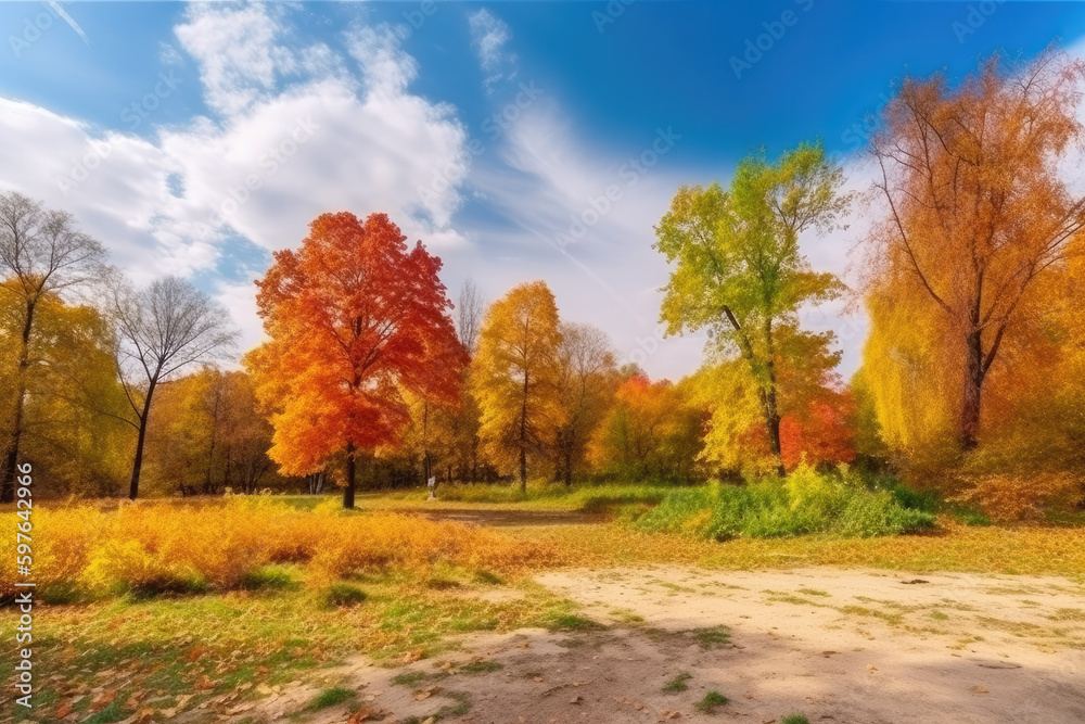 Colorful autumn park in sunny bright day. Beautiful autumn landscape with yellow and red trees.