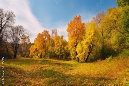 Colorful autumn park in sunny bright day. Beautiful autumn landscape with yellow and red trees.