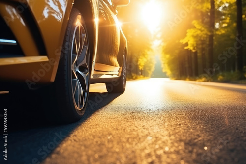 Close-up of cars on asphalt road in beautiful nature and sunlight.
